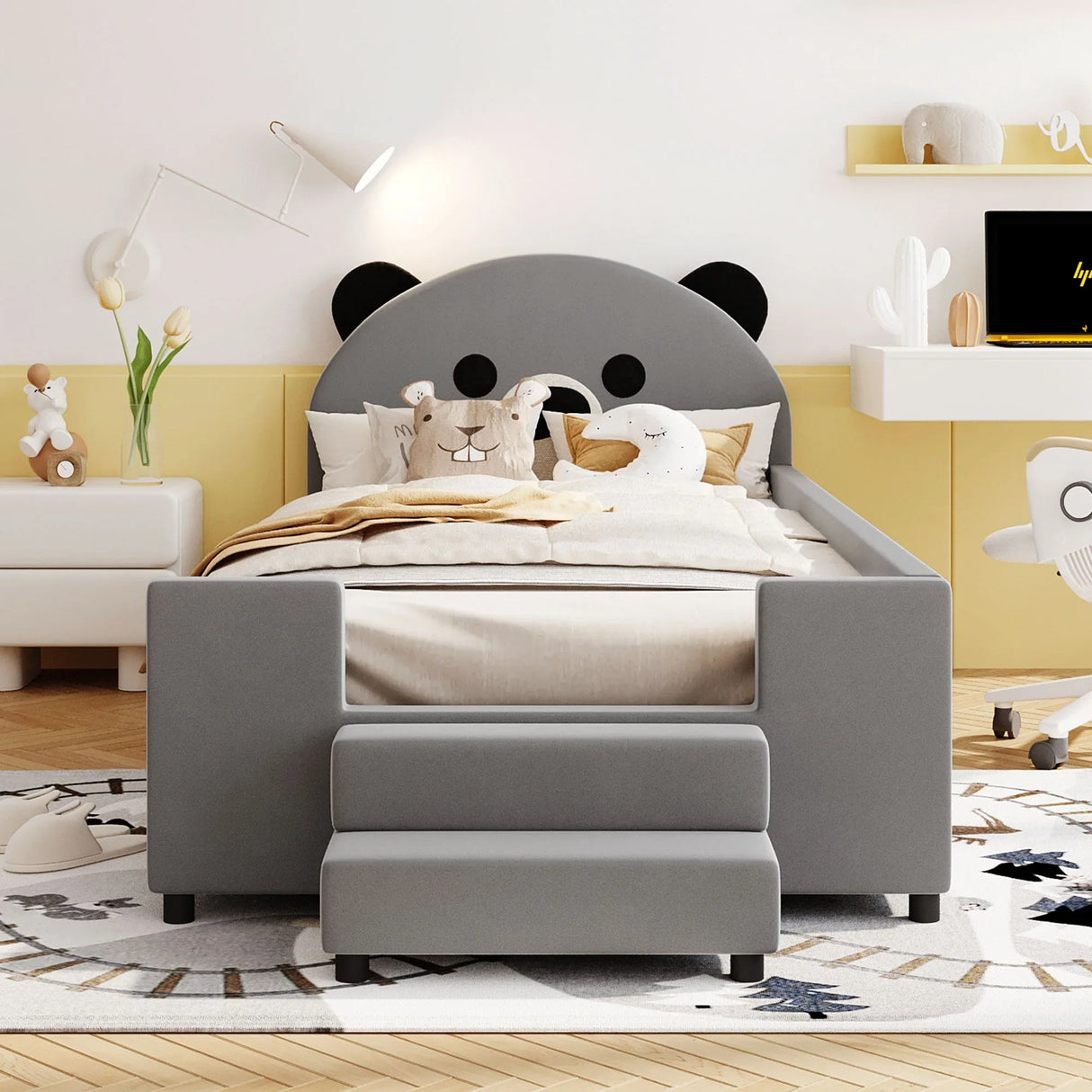 Upholstered Daybed With Bear Shaped Headboard, Hydraulic System And Breathable Mesh Fence - Furniture Home Direct