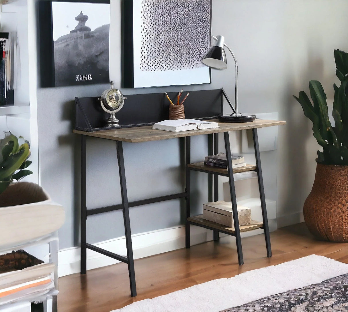 Garima - Legs Writing Desk - Rustic Oak / Black - Furniture Home Direct