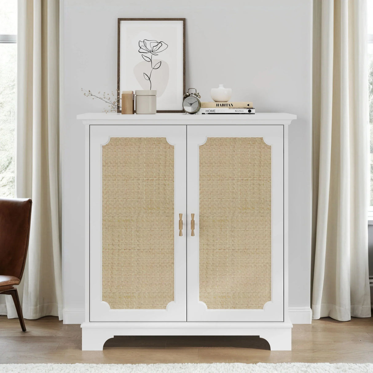 Rattan Decorated Accent Cabinet - White