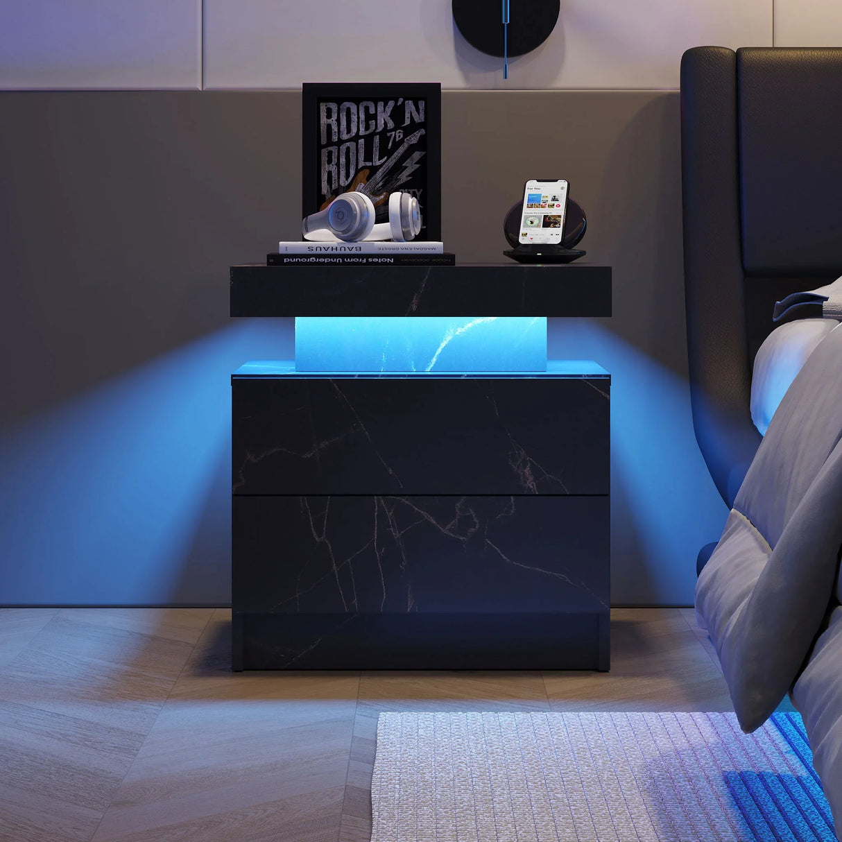 Nightstand LED, Bedside Table Cabinet With 2 Drawers For Bedroom - Furniture Home Direct
