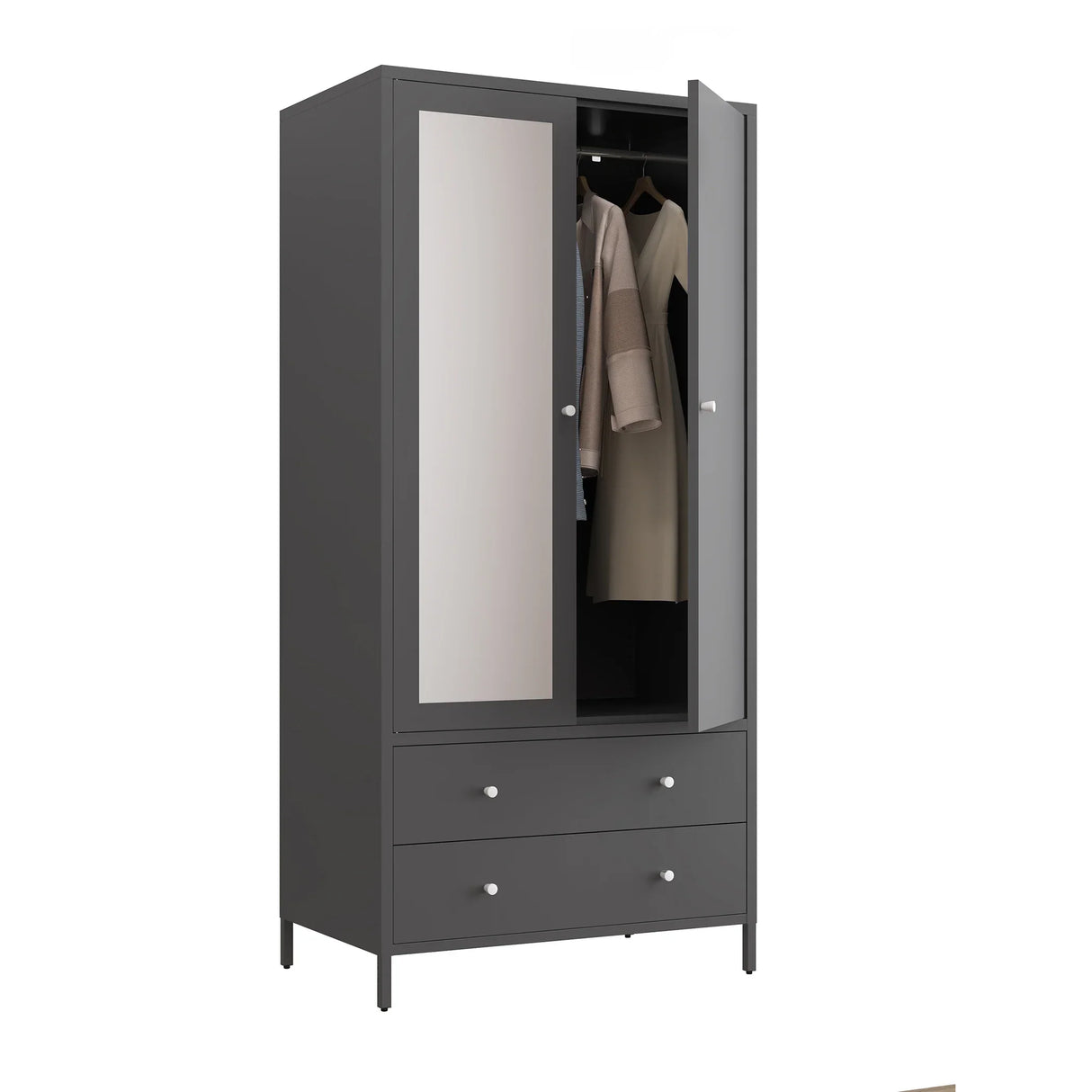 Wardrobe With Mirror Door And Two Drawers Charcoal Gray - Furniture Home Direct