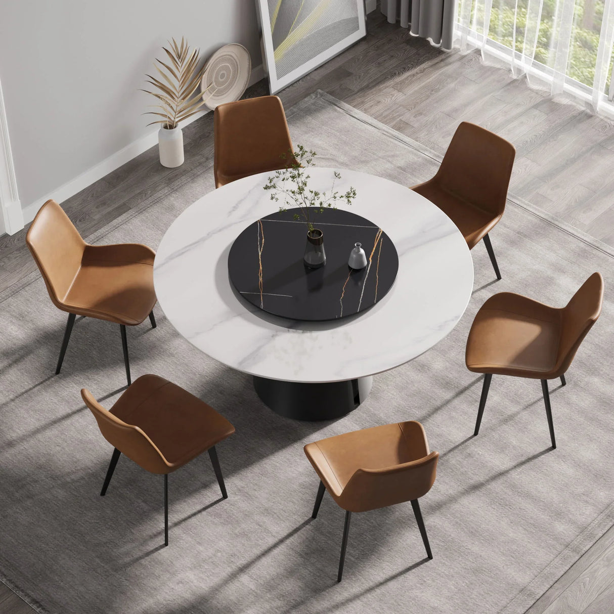 Modern Artificial Stone Round Carbon Steel Base Dining Table, Can Accommodate 6 People, Black Artificial Stone Turntable - Furniture Home Direct