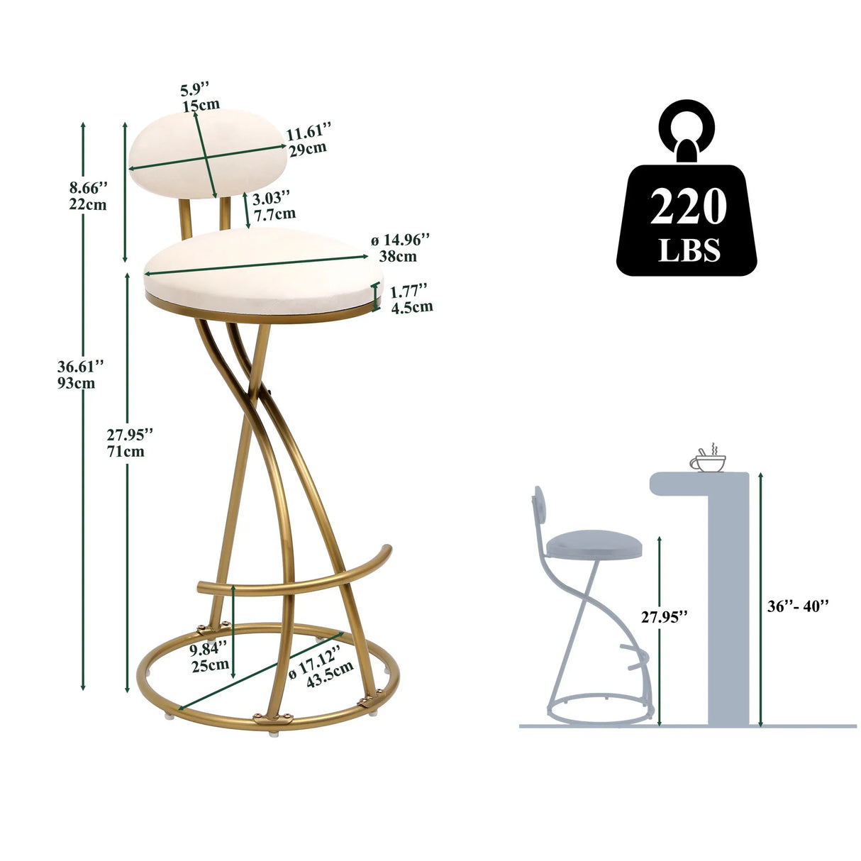Bar Stools Upholstered Counter Height Barstools For Kitchen Island Modern PU Leather Dining Chairs With Footrest (Set of 2) - Furniture Home Direct