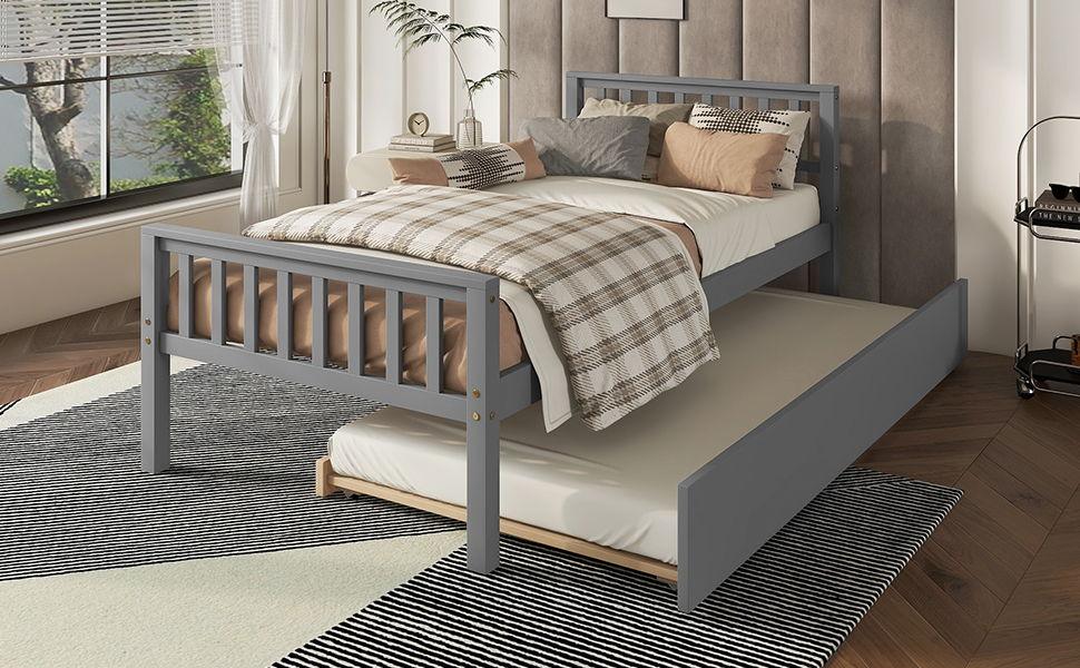 Twin Bed With Trundle, Platform Bed Frame With Headboard And Footboard, For Bedroom Small Living Space, No Box Spring Needed - Furniture Home Direct