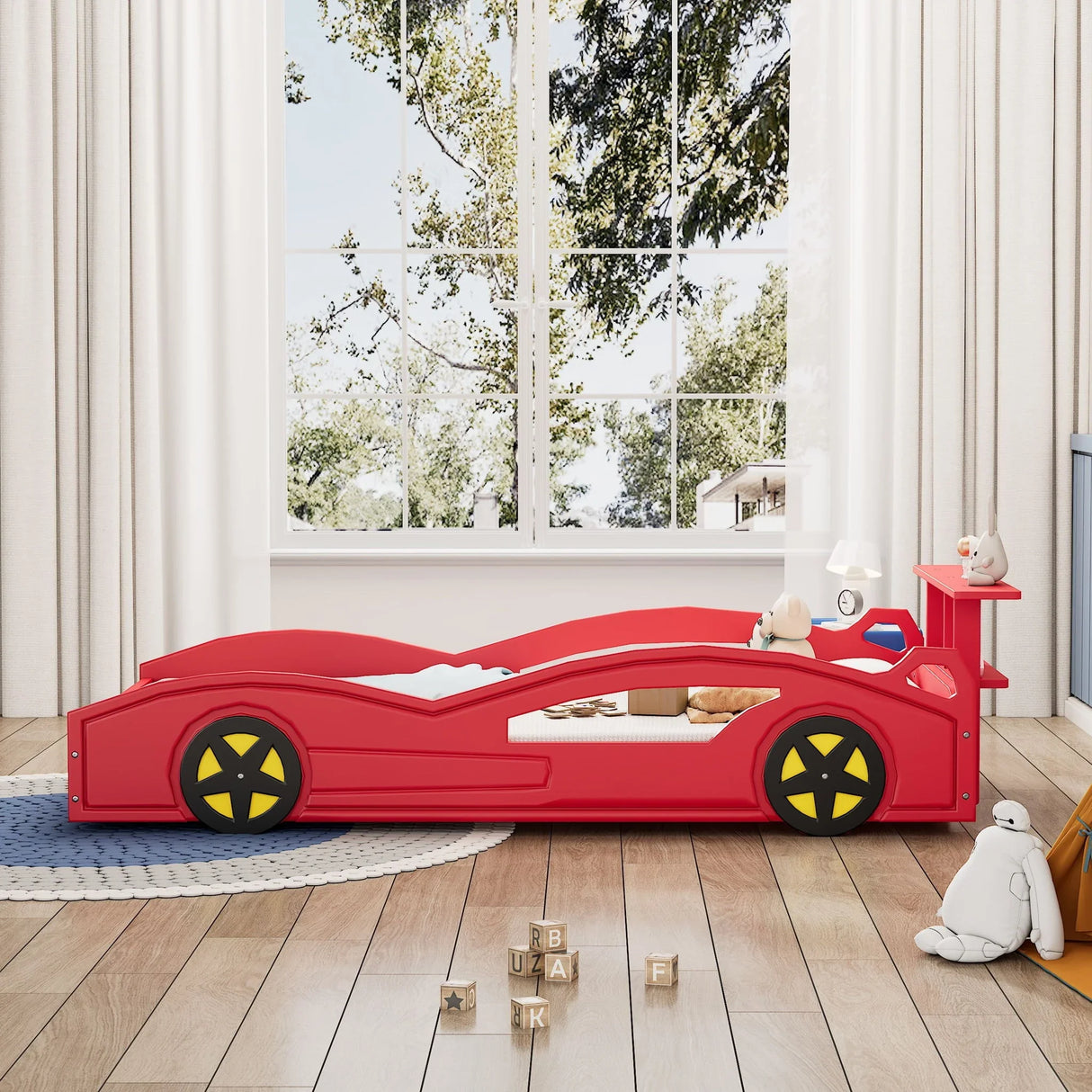 Wooden Race Car Bed, Car Shaped Platform Twin Bed With Wheels For Teens - Furniture Home Direct