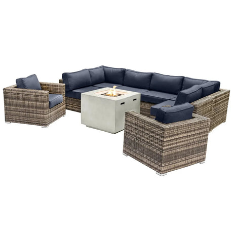 Premium 6 Person Wicker Patio Seating Group With Deep Cushions And Concrete Fire Pit - Gray Mix - Furniture Home Direct