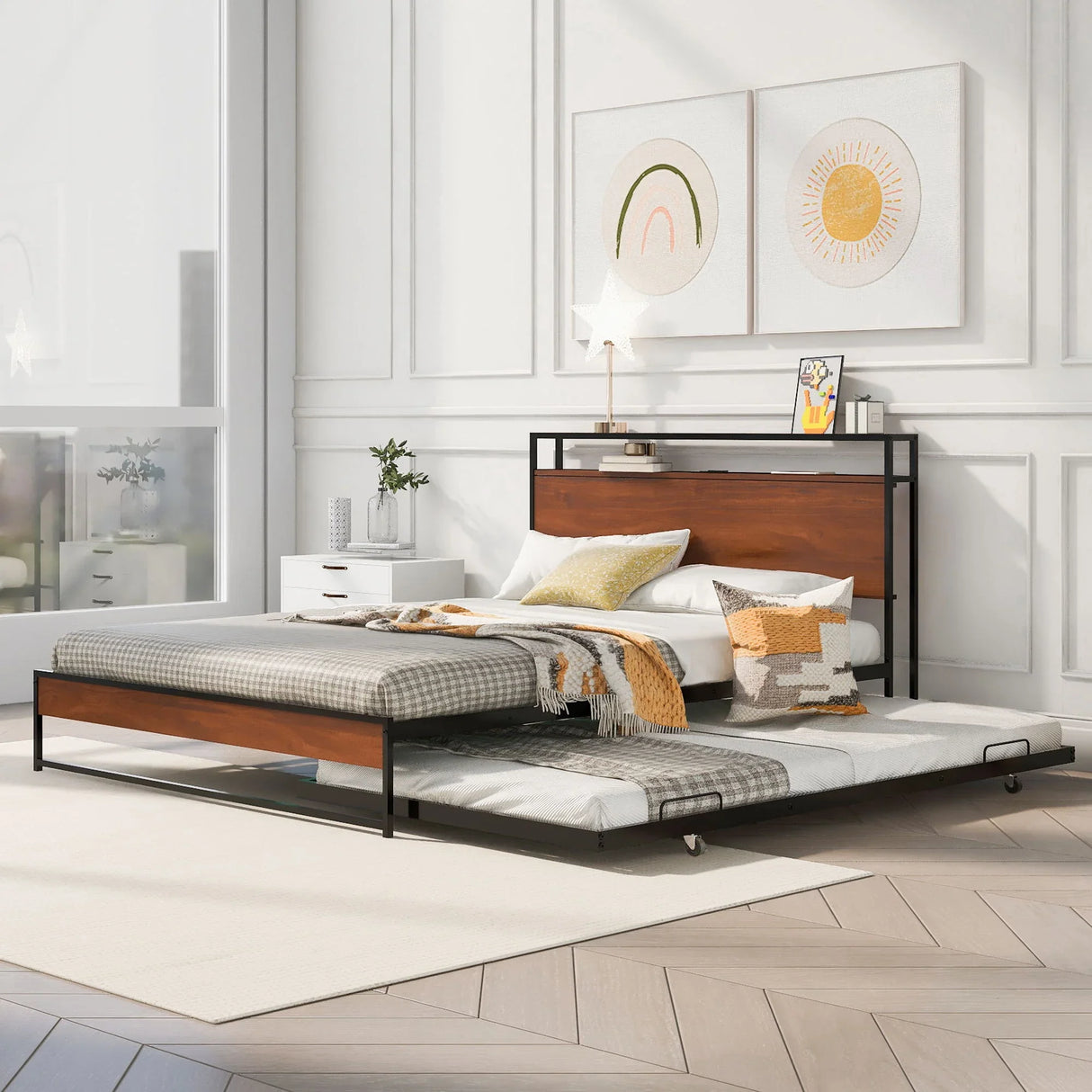 Platform Bed Frame With Trundle, USB Ports And Slat Support, No Box Spring Needed - Furniture Home Direct