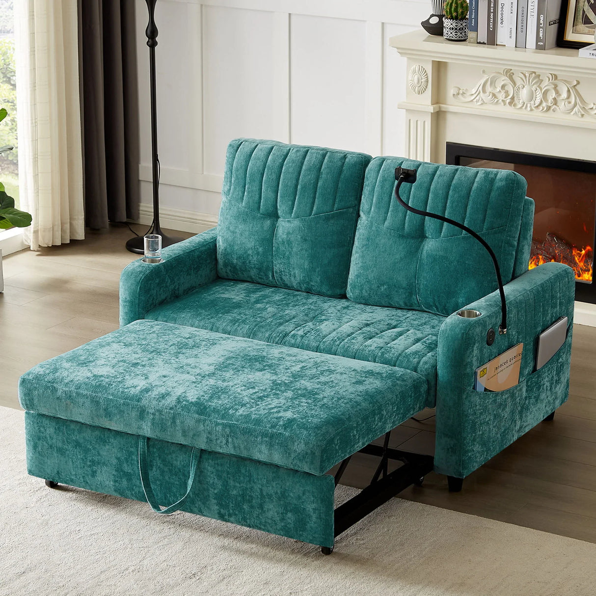 Modern Loveseat Pull Out Sofa Bed With Adjustable Backrest, Two Cup Holders, A Phone Holder, Three Charging Ports And Side Storage Pockets For Living Room - Furniture Home Direct