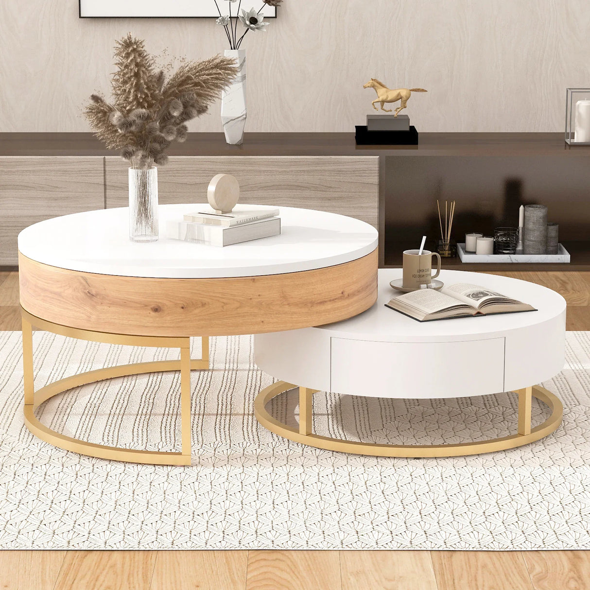 Nesting Coffee Tables Lift Top With 2 Drawers White Natural - Furniture Home Direct