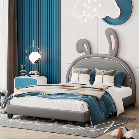 Upholstered Leather Platform Bed With Rabbit Ornament - Furniture Home Direct
