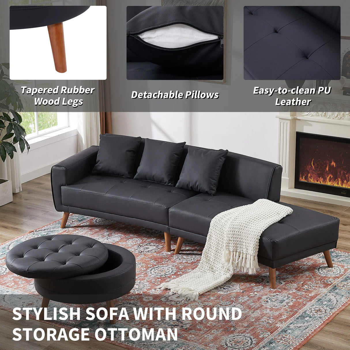 107 Inch Black Sectional With Round Storage Ottoman - Furniture Home Direct