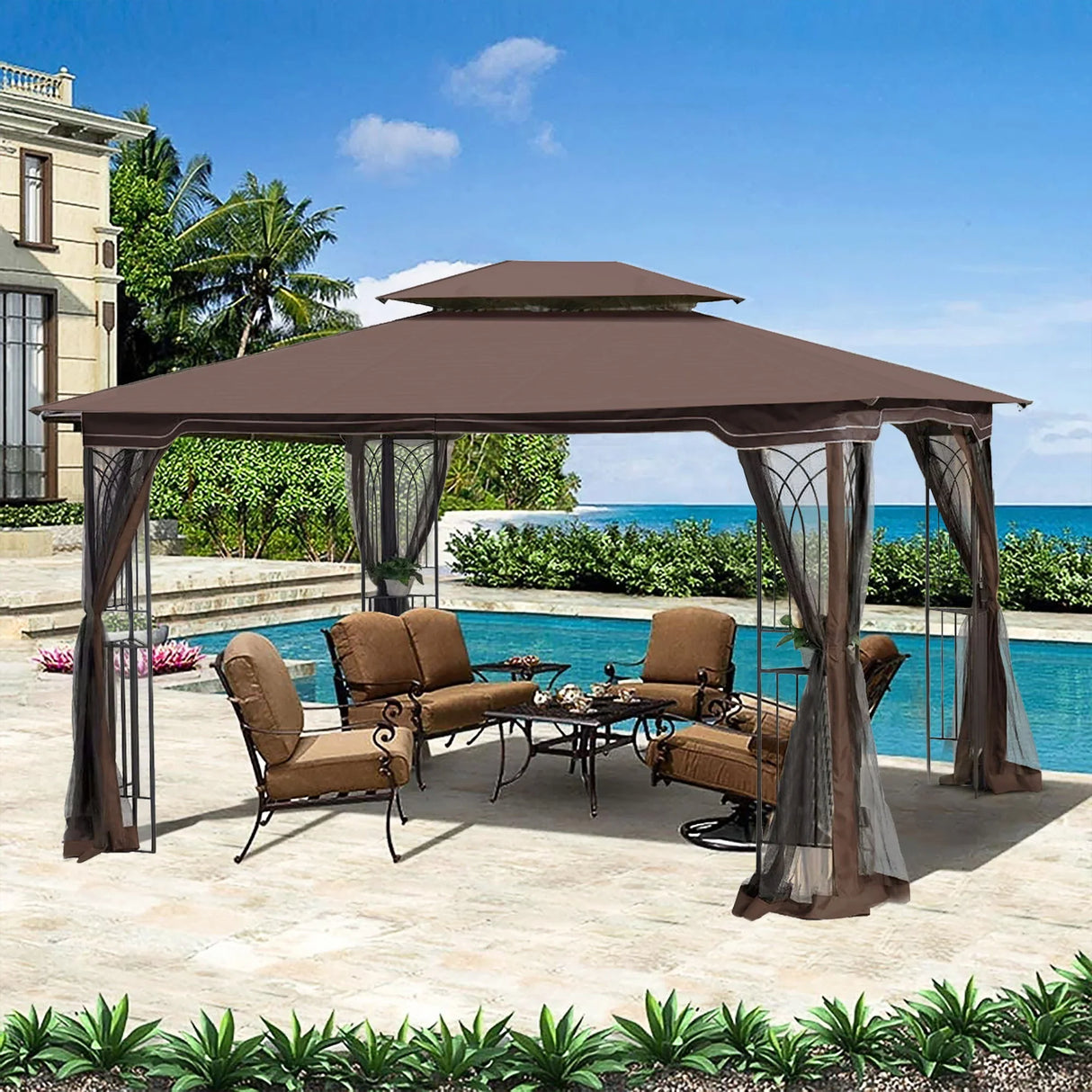 13 0 Outdoor Patio Gazebo Canopy Tent With Ventilated Double Roof And Mosquito Net (Detachable Mesh Screen On All Sides) Suitable For Lawn Garden Backyard And Deck Top - Brown - Furniture Home Direct