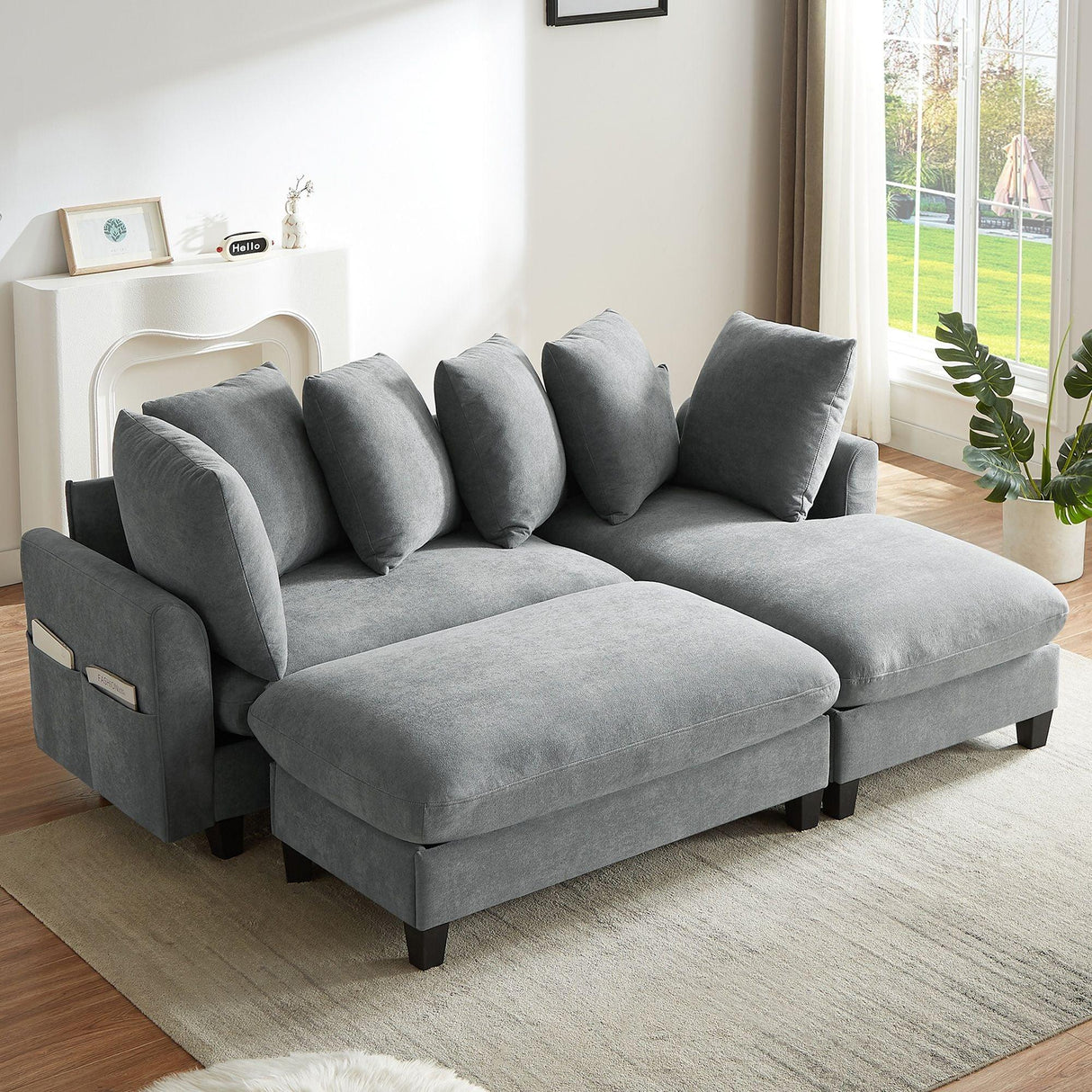Upholstered L Shaped Sectional Sofa With Storage, Movable Ottoman, And 6 Throw Pillows - Furniture Home Direct