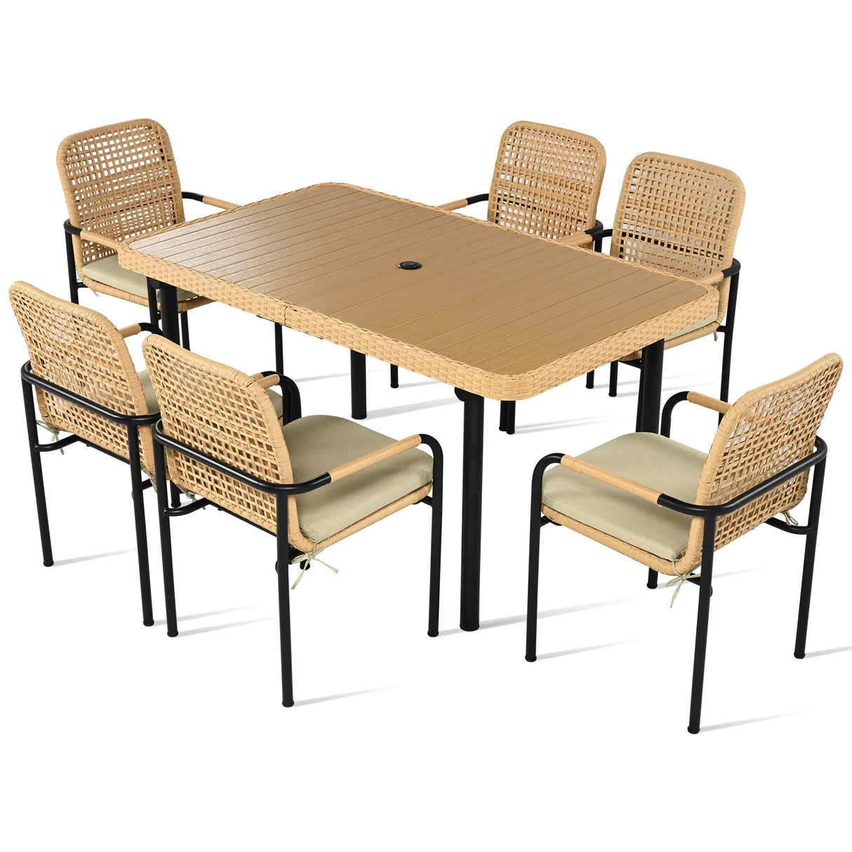 7 Piece Outdoor Dining Set With Wicker Chairs and Oatmeal Cushions - Furniture Home Direct