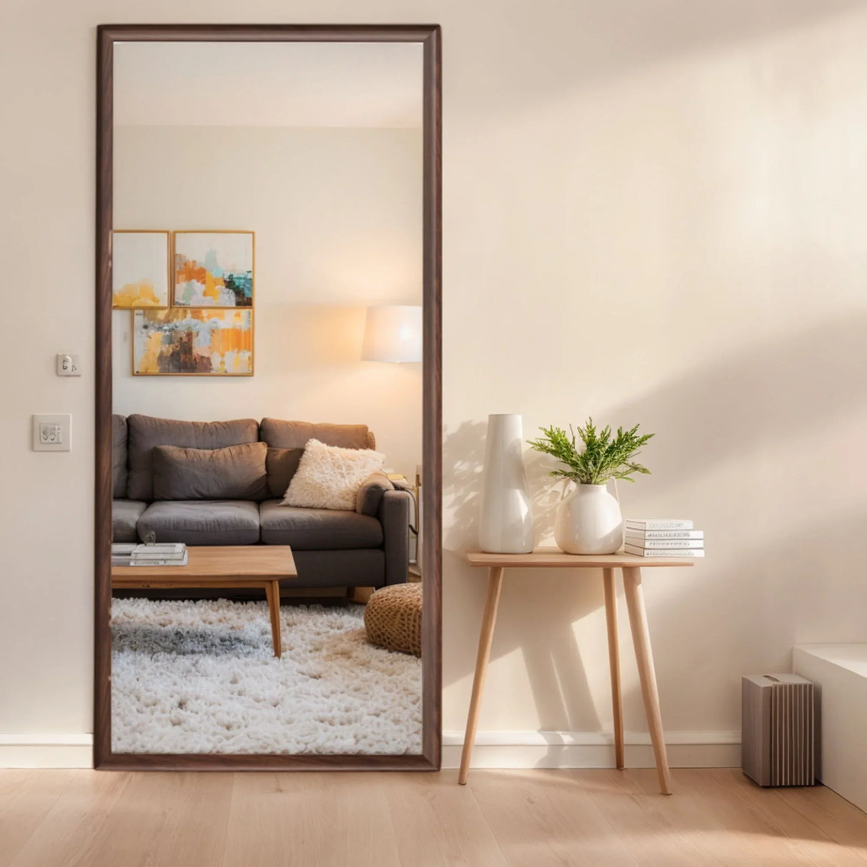 Vintage Full Length Wall Mounted Mirror With Faux Wood Frame - Brown - Furniture Home Direct