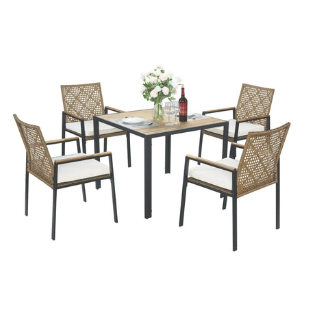 5 Piece Patio Dining Table Set, Acacia Wood Table Top With Umbrella Hole - Furniture Home Direct