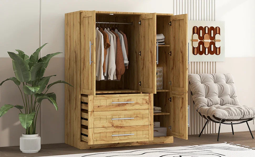Wardrobe Armoire with Four Doors and Three Drawers Natural - Furniture Home Direct