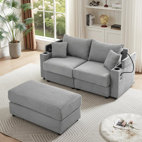 Modern Style Loveseat With Storage, Ottoman, Two USB Ports, Two Cup Holders and Phone Holder - Gray - Furniture Home Direct