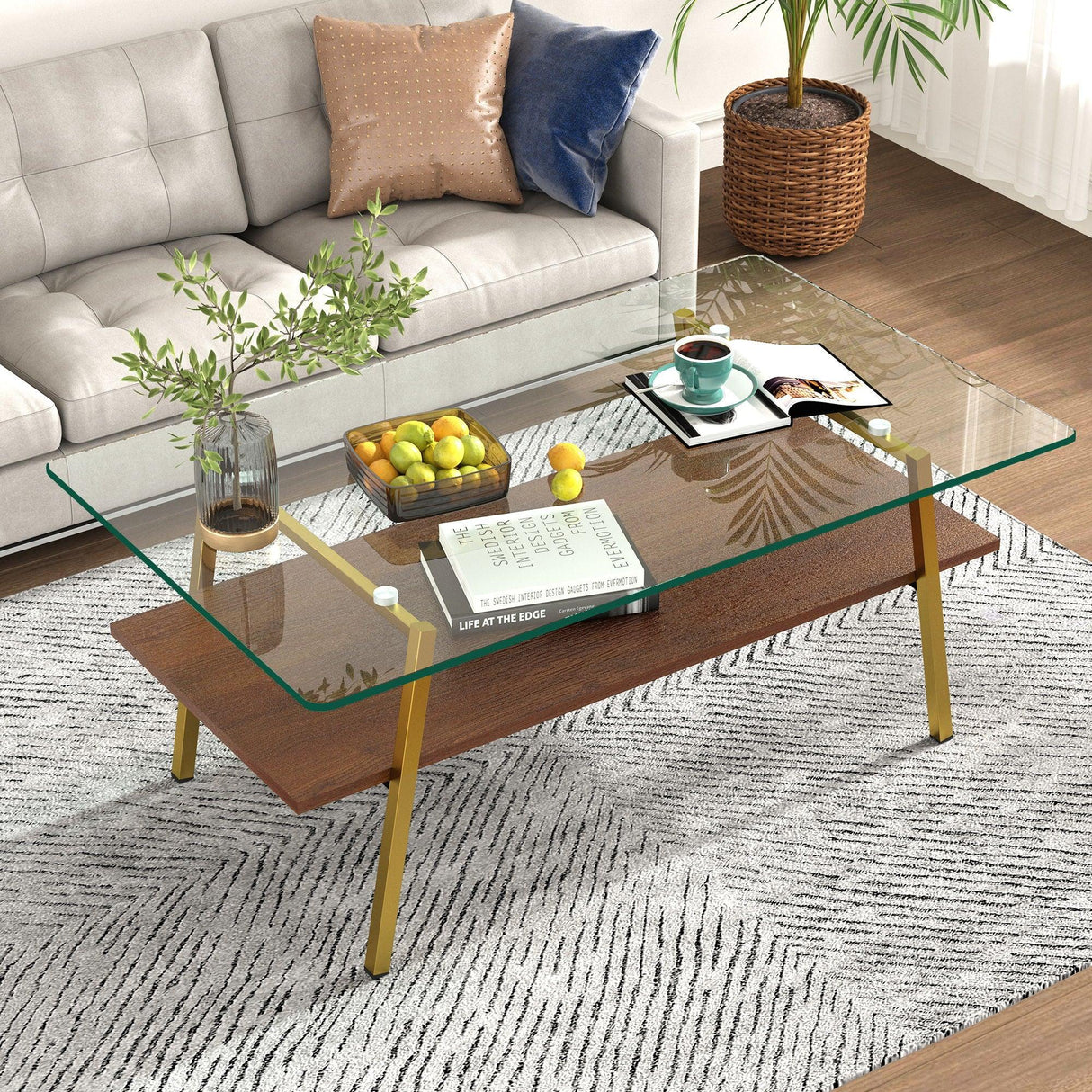 Rectangle Coffee Table, Tempered Glass Tabletop With Metal Legs, Modern Table For Living Room - Furniture Home Direct