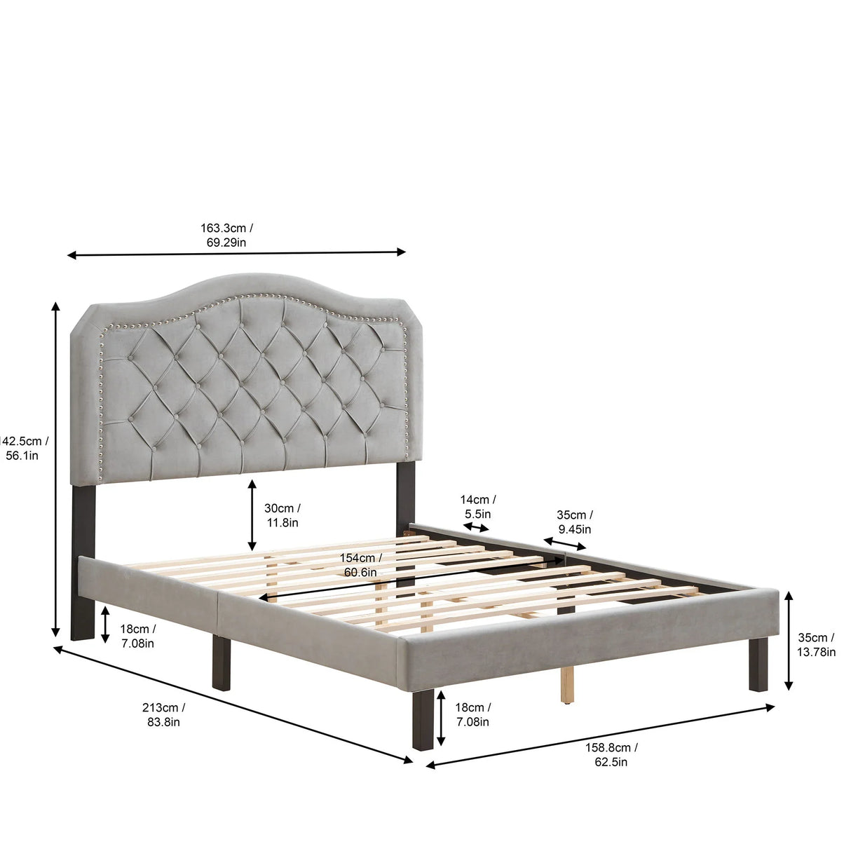 Queen Platform Upholstered Bed Button Tufted With Curve Design, Strong Wood Slat Support - Gray - Furniture Home Direct
