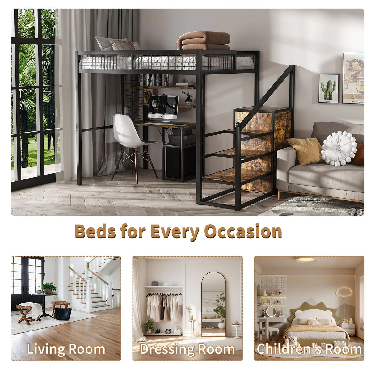 Full Size Loft Bed With Desk & Wardrobe Heavy Frame, Built In Staircase, Storage Rack & Shelves Gaming Bed - Black - Furniture Home Direct
