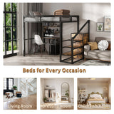 Full Size Loft Bed With Desk & Wardrobe Heavy Frame, Built In Staircase, Storage Rack & Shelves Gaming Bed - Black - Furniture Home Direct