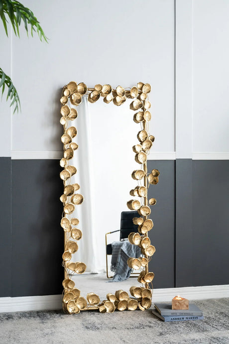 Full Length Mirror With en Leaf Accents, Floor Miiror For Living Room Bedroom - Gold - Furniture Home Direct