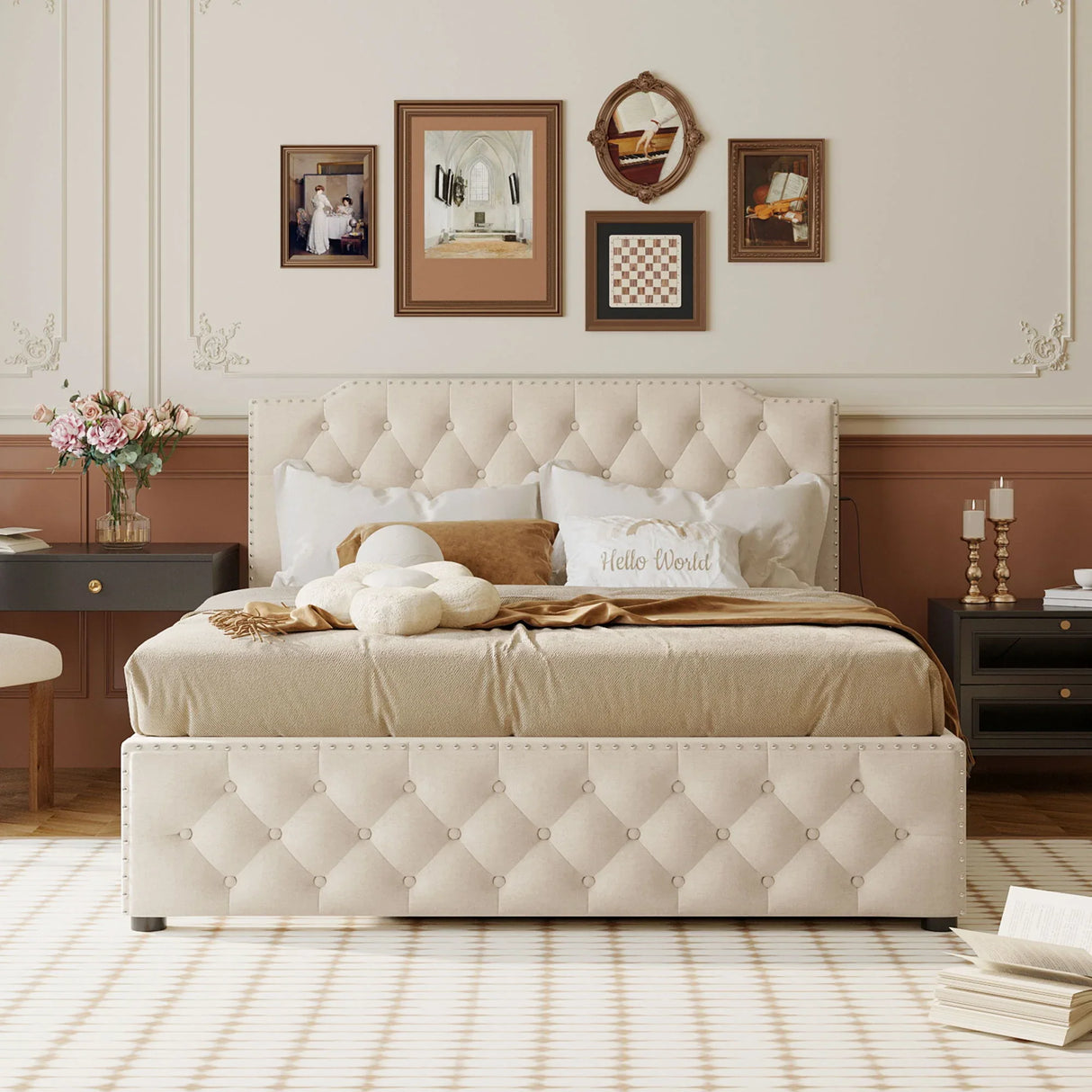 Upholstered Platform Bed With Trundle And 2 Sets Of USB Ports On Each Side, Linen Fabric - Furniture Home Direct