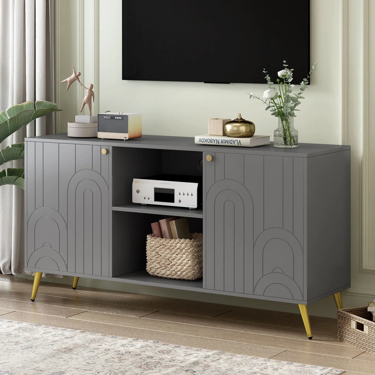 Modern TV Stand With Adjustable Shelf, Handles And Anti-Tip Device - Furniture Home Direct