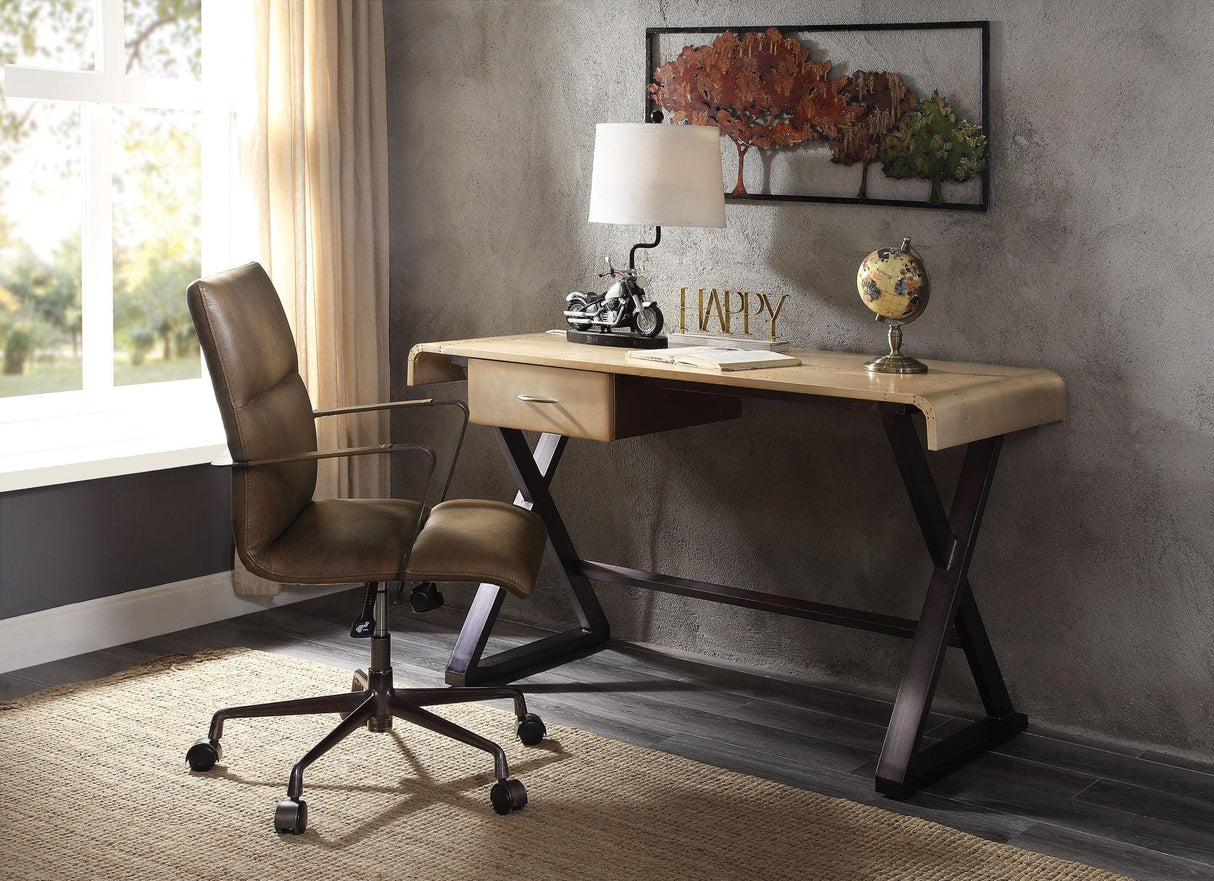 Danton - Aluminum Top Grain Leather Rectangular Writing Desk - Gold - Furniture Home Direct
