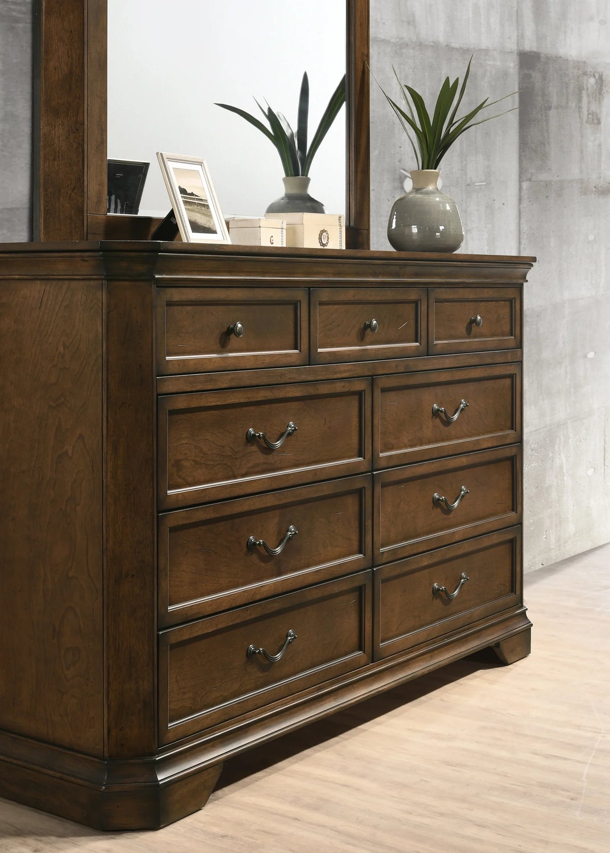 Queen Bed Set Dresser Nightstands Mirror Chest Walnut Brown - Furniture Home Direct