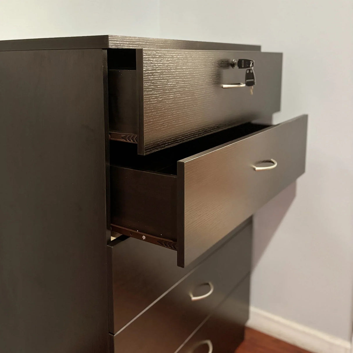 5 Drawer Chest Metal Handles Locking Top Drawer Metal Glide Rails Melamine Laminate - Furniture Home Direct