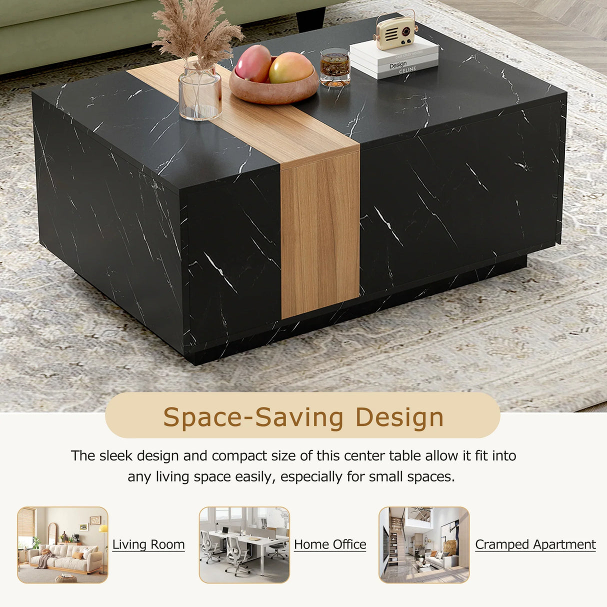 TV Stand Modern Marble Look With Wood Accent Black - Furniture Home Direct