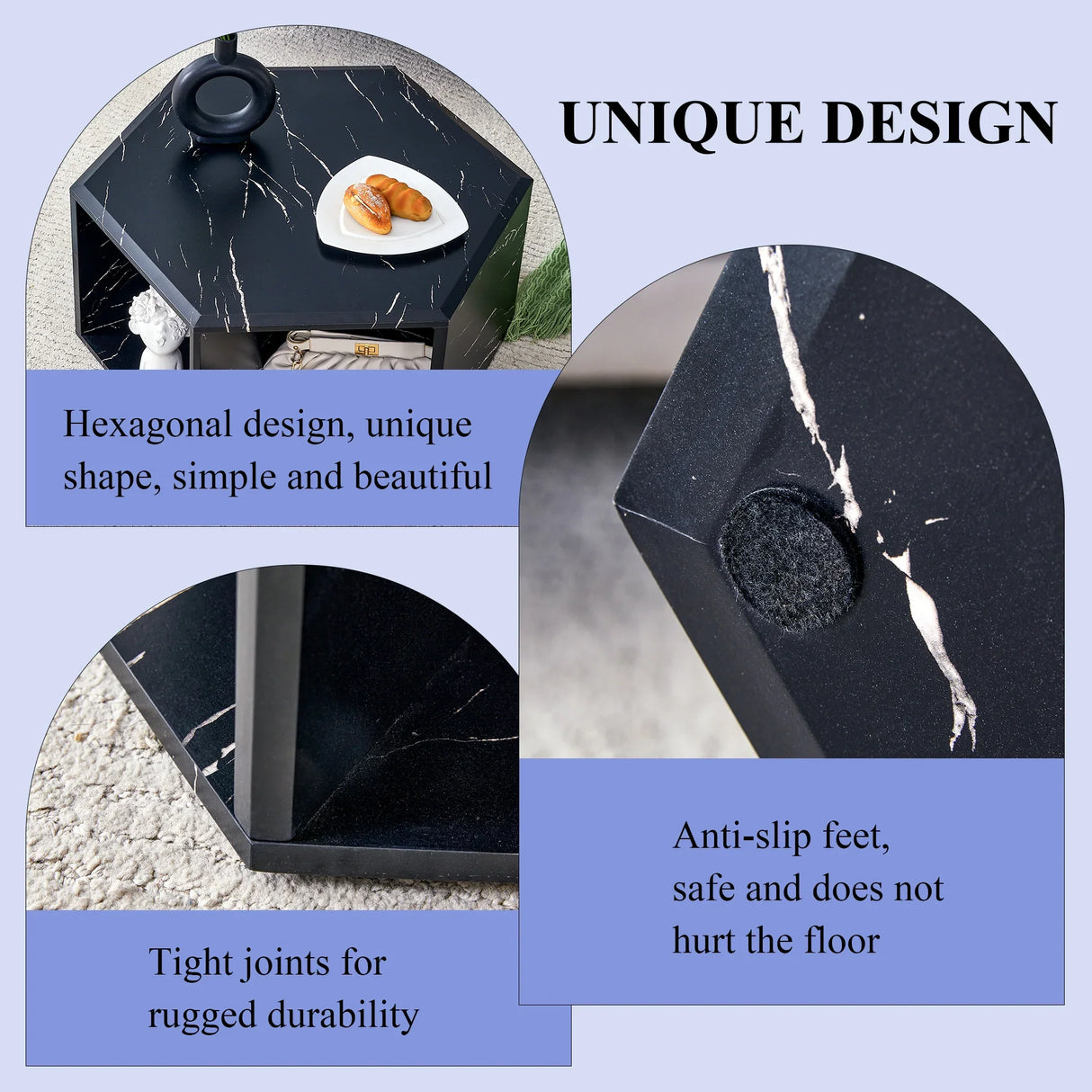 Coffee Table Hexagonal Textured Marble Look Accent Black - Furniture Home Direct