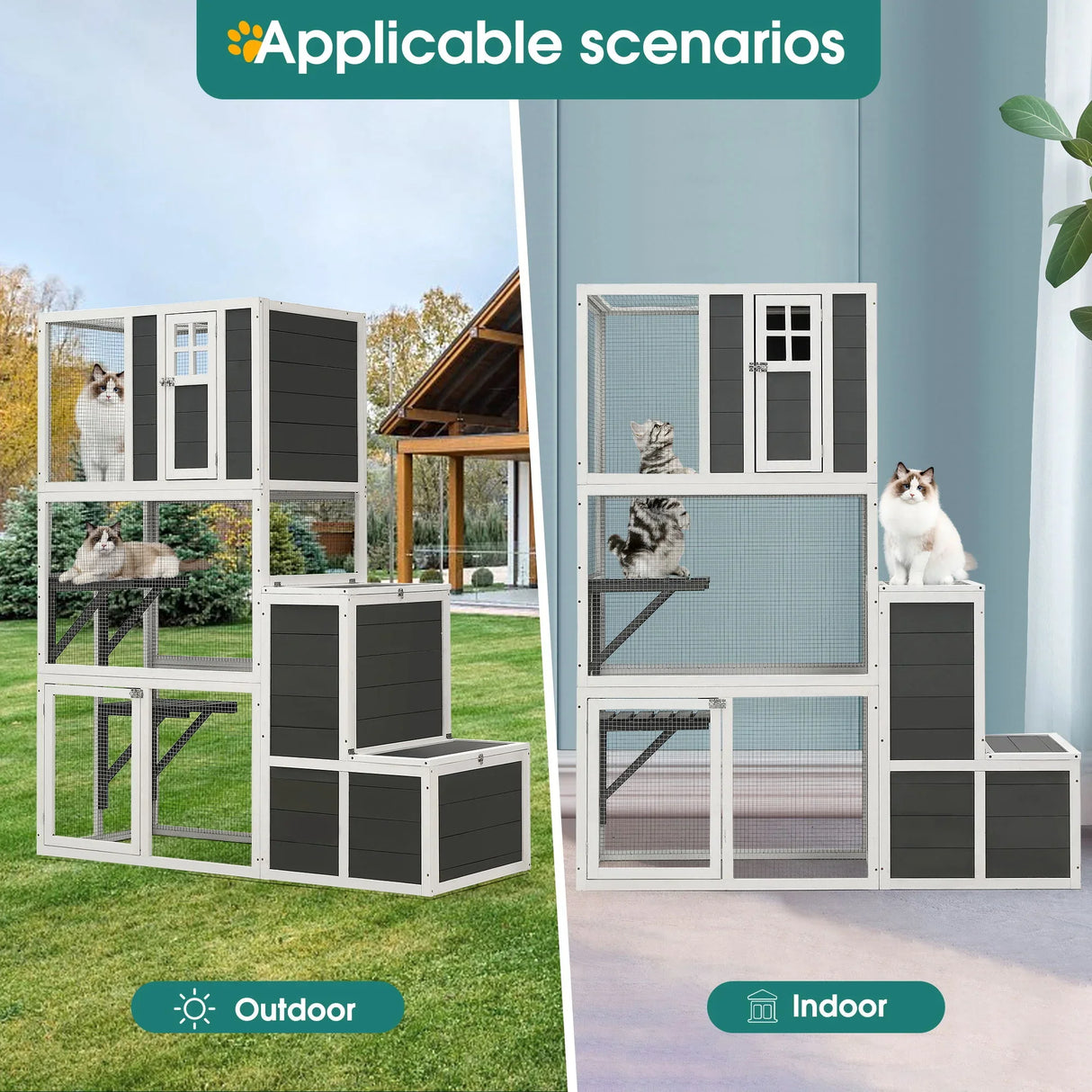 3 Tier Wooden Outdoor & Indoor Cat House Suitable For 1-3 Cats Cat Enclosure Resting Box With 4 Platforms And 2 Doors Cat Shelter Kitty House With A Jump Box For Hiding And Resting Cat Cage - Gray - Furniture Home Direct