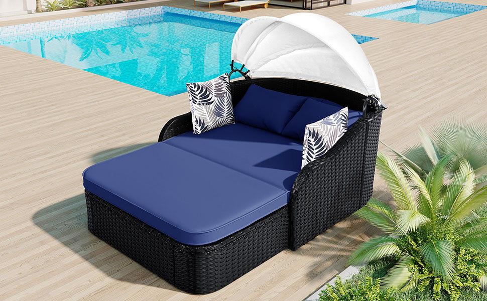 Outdoor Sunbed With Adjustable Canopy, Daybed With Pillows, Double Lounge, PE Rattan Daybed - Furniture Home Direct