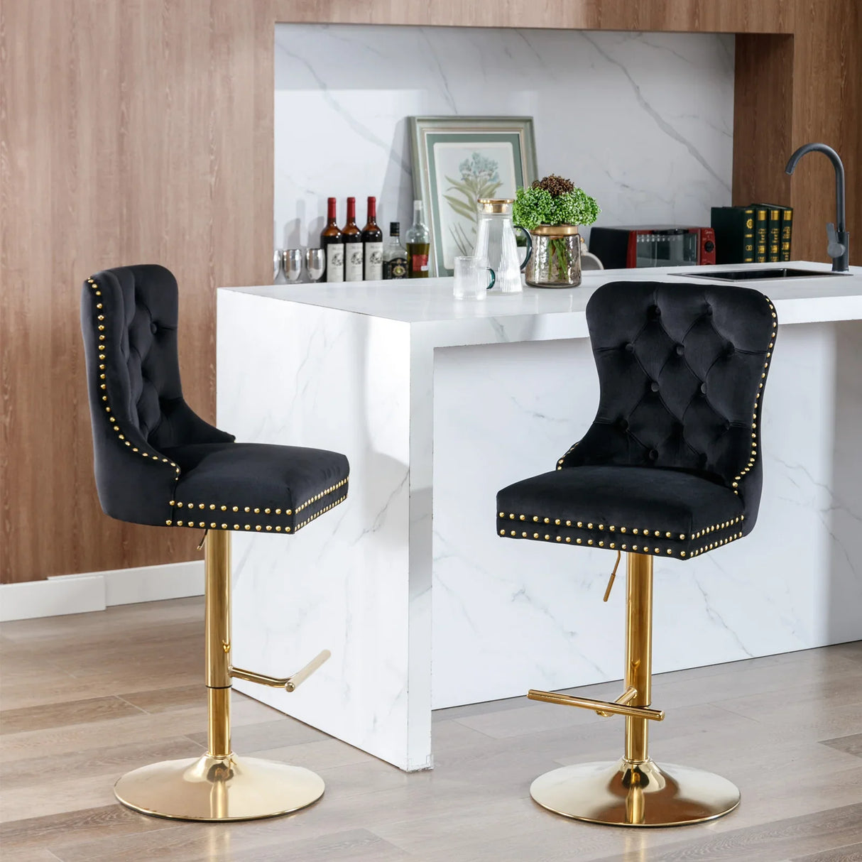 Bar Stools Velvet Upholstered Swivel With Backs Black - Furniture Home Direct