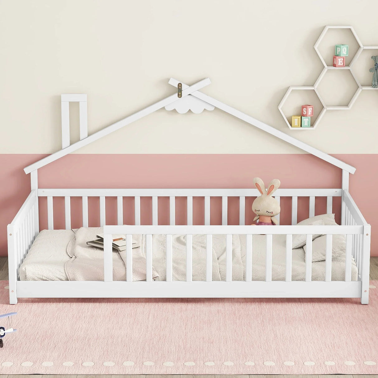 House-Shaped Bedside Floor Bed With Guardrails, Slats, Without Door - Furniture Home Direct