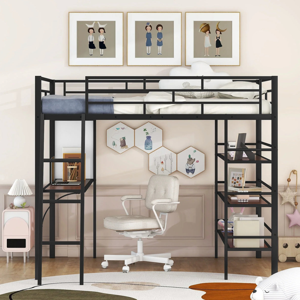 Bed With 3 Layers Of Shelves And Desk, Stylish Frame Bed - Furniture Home Direct