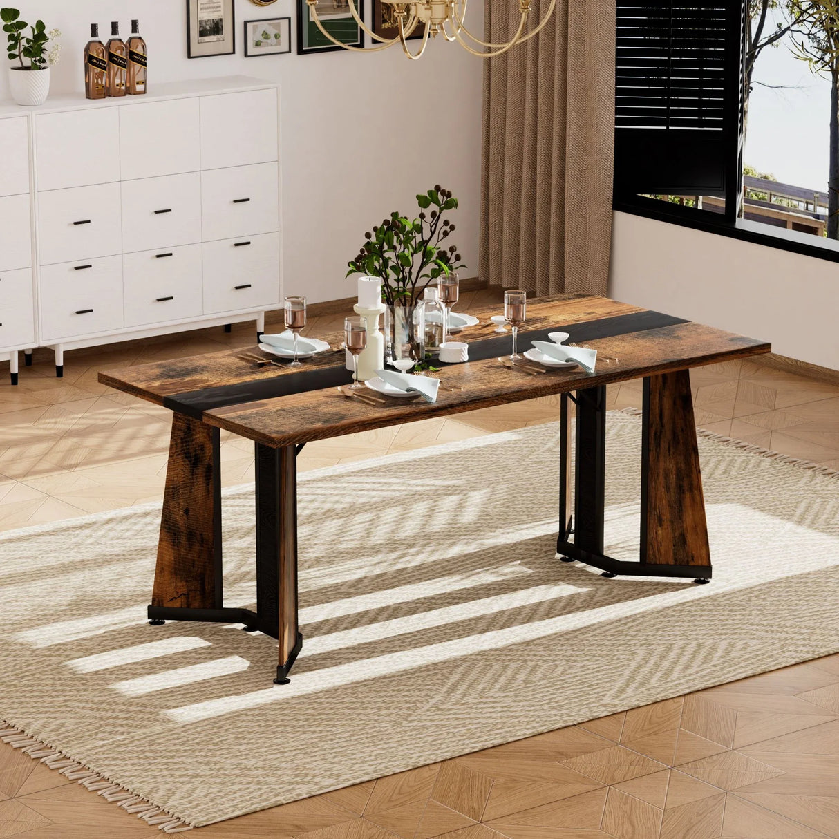 Rustic Rectangular Large Dining Table, Waterproof Desk For 8 People, & Steel With Adjustable Legs - Black / Rustic Brown - Furniture Home Direct