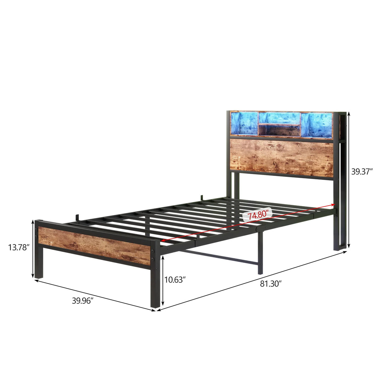 Modern Twin Size Metal Platform Bed Frame With Storage Headboard And Charging Station - Brown - Furniture Home Direct