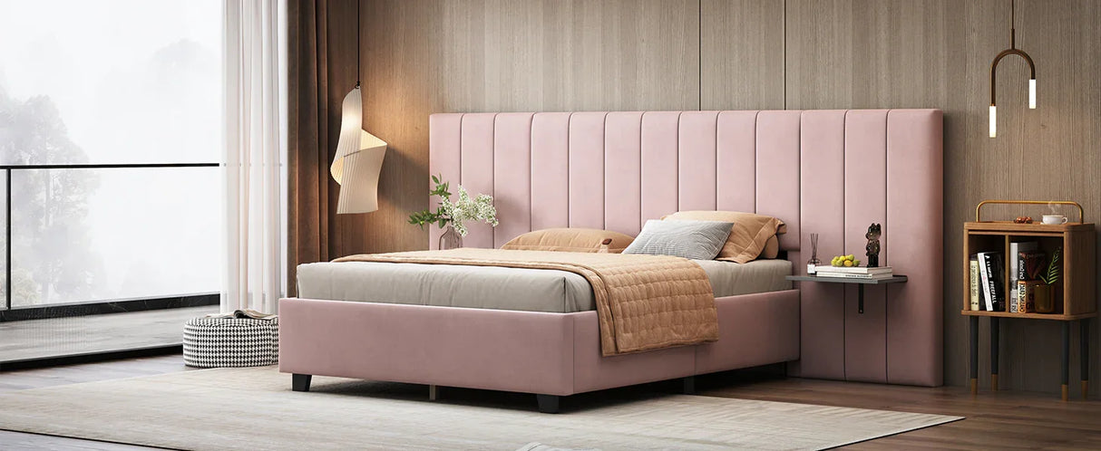 Full Size Upholstered Platform Bed Tall Headboard Pink - Furniture Home Direct