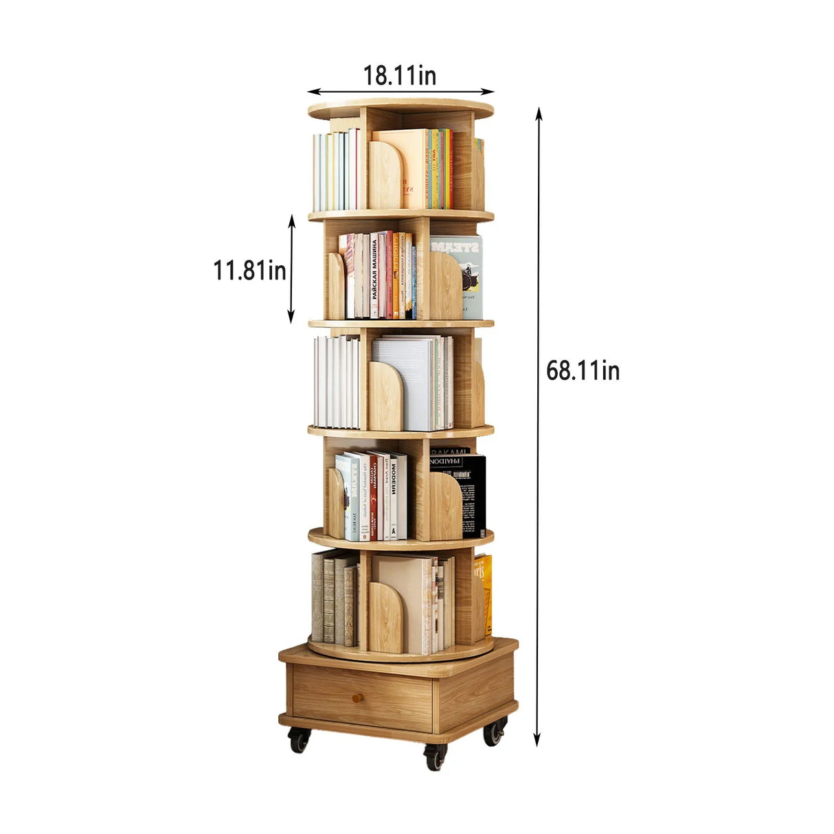 Rotating Bookshelf With Wheels And Drawer, 360° Spinning Design, Space Saving Storage - Furniture Home Direct