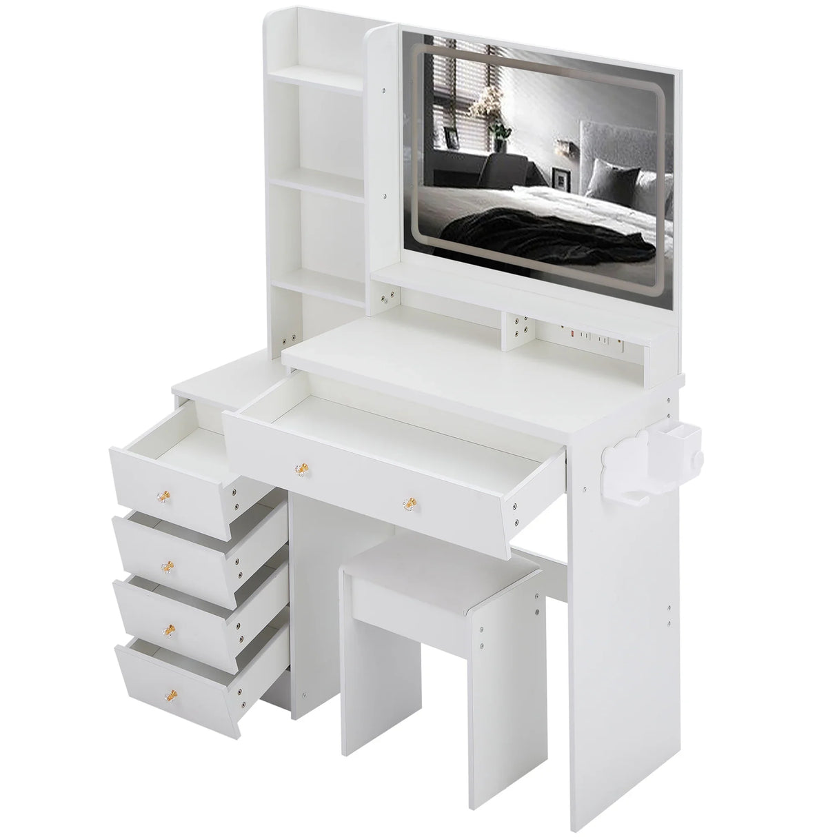 Vanity Desk With Cushioned Stool Mirror Makeup White - Furniture Home Direct