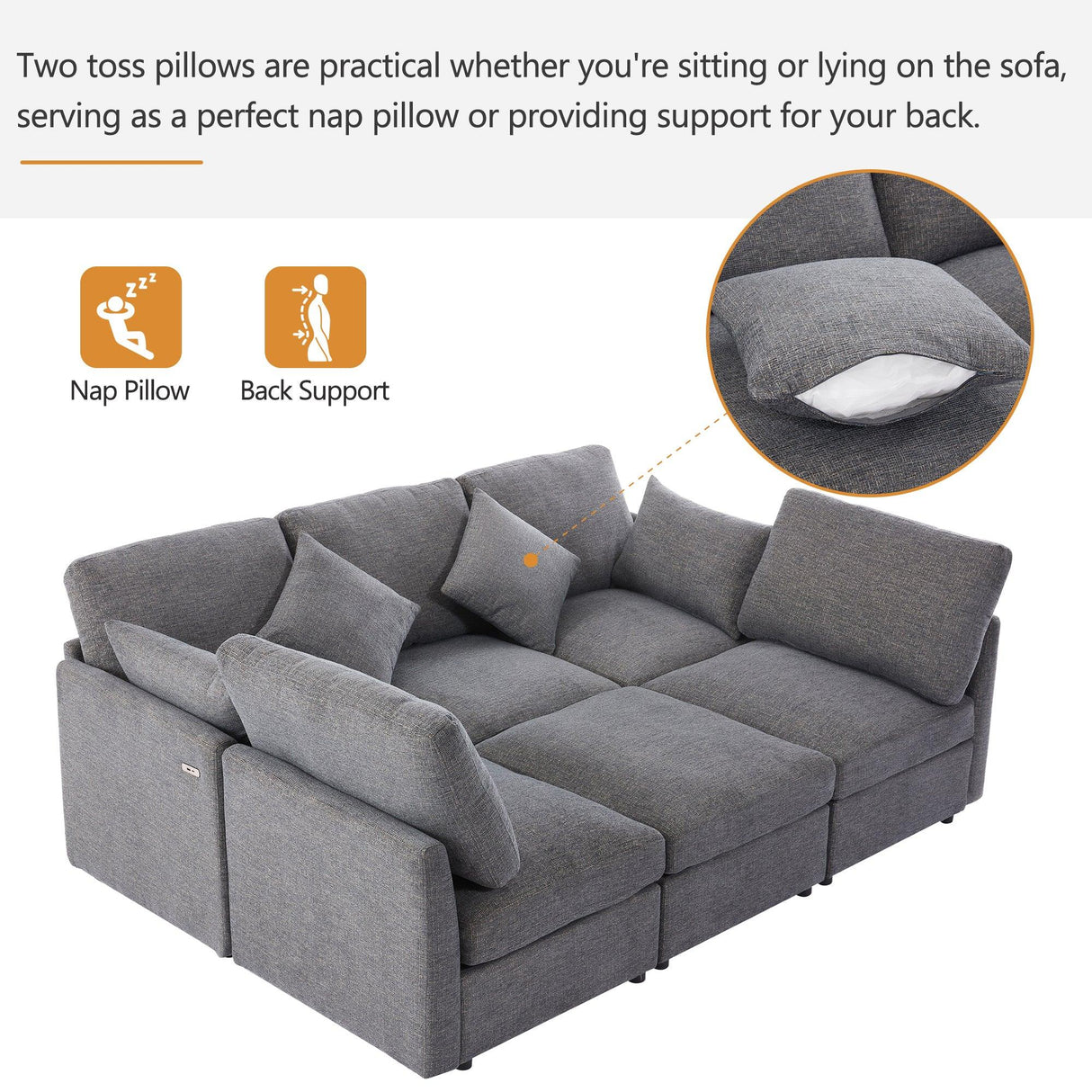 Sectional Sofa, Modular With USB Ports And Ottoman, Grey - Furniture Home Direct