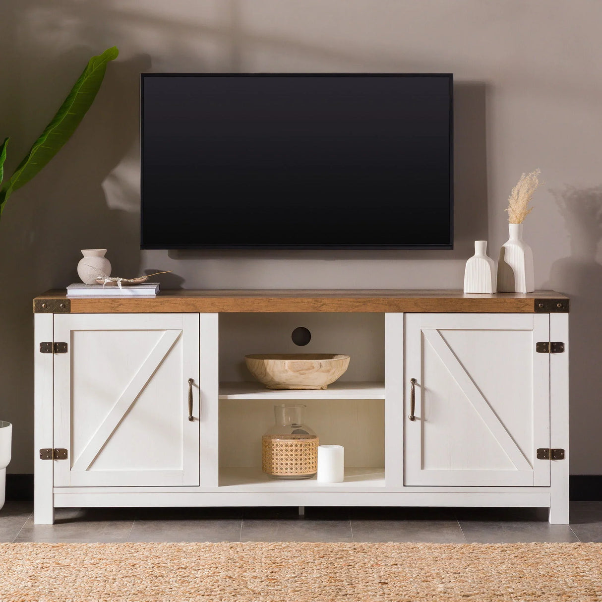Modern Farmhouse Barn Door 3 Shelf TV Stand For TVs Up To 65” - Furniture Home Direct