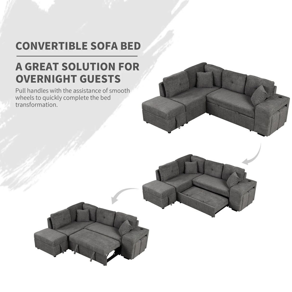 Convertible Sleeper, Sectional Pull Out Sofa Bed With Storage Ottoman, 2 Throw Pillows, 2 Stools, Wireless Charger And Two Hidden USB Ports For Living Room - Furniture Home Direct