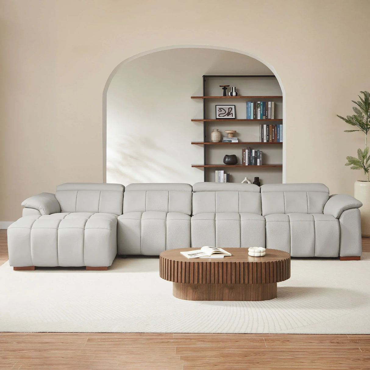 Leather Reclining Sectional with USB Port - Light Gray - Furniture Home Direct