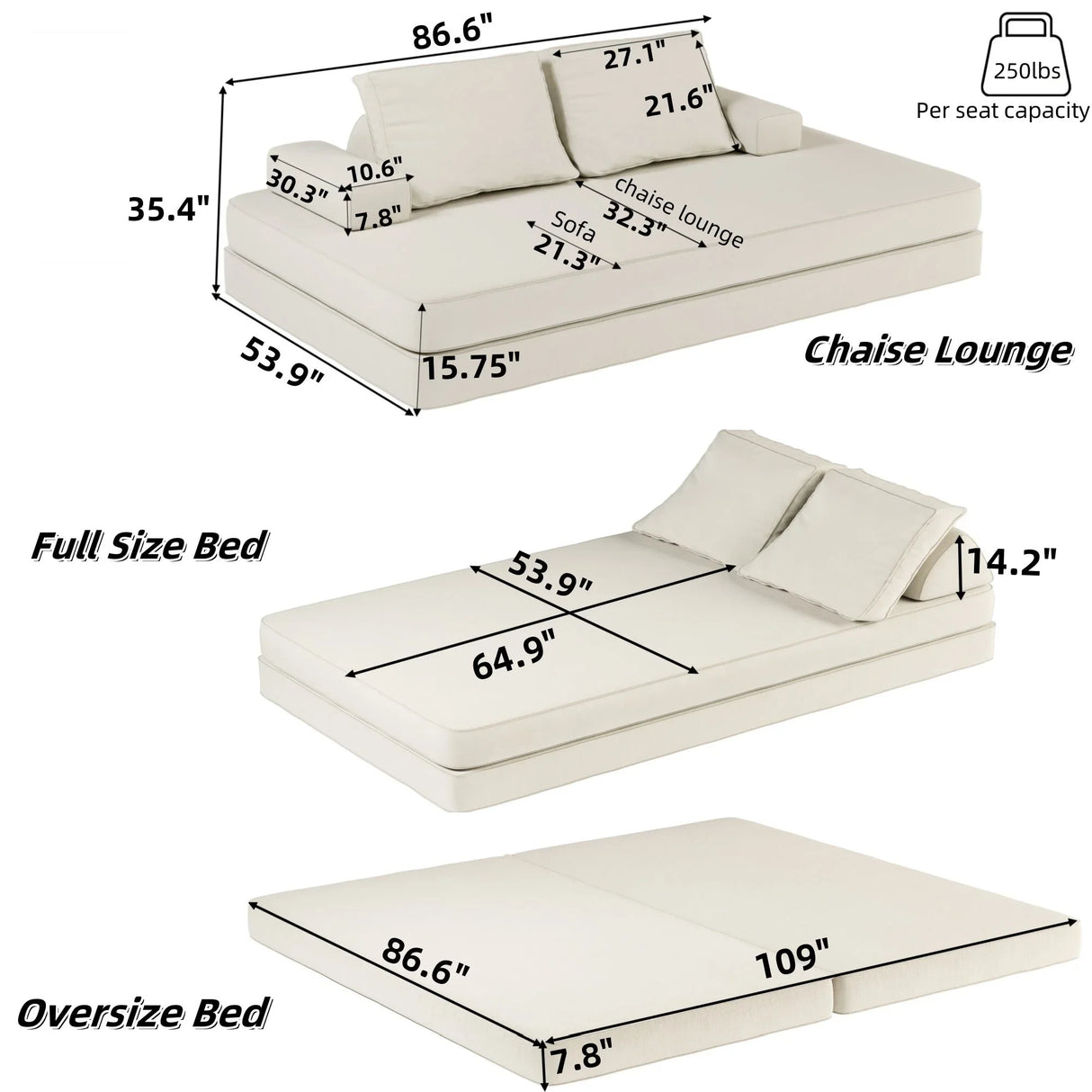 Multifunctional Convertible Sofa Bed With 2 Tumbler Backrests And 2 Pillows, Deep Seat Couch - Furniture Home Direct
