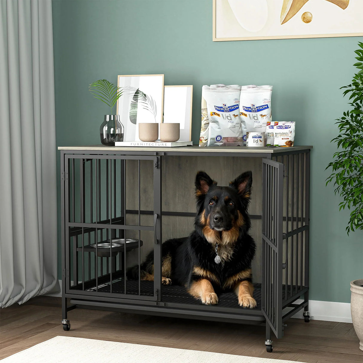 Modern Kennel Dogs Room Up To 80 Lb, Dog Crate Furniture With Multi-Purpose Rremovable Ttray, Double-Door Dog House, Lift Panel, 360 Degree Rotation, 3 Height Adjustable Feeding Bowls - Furniture Home Direct